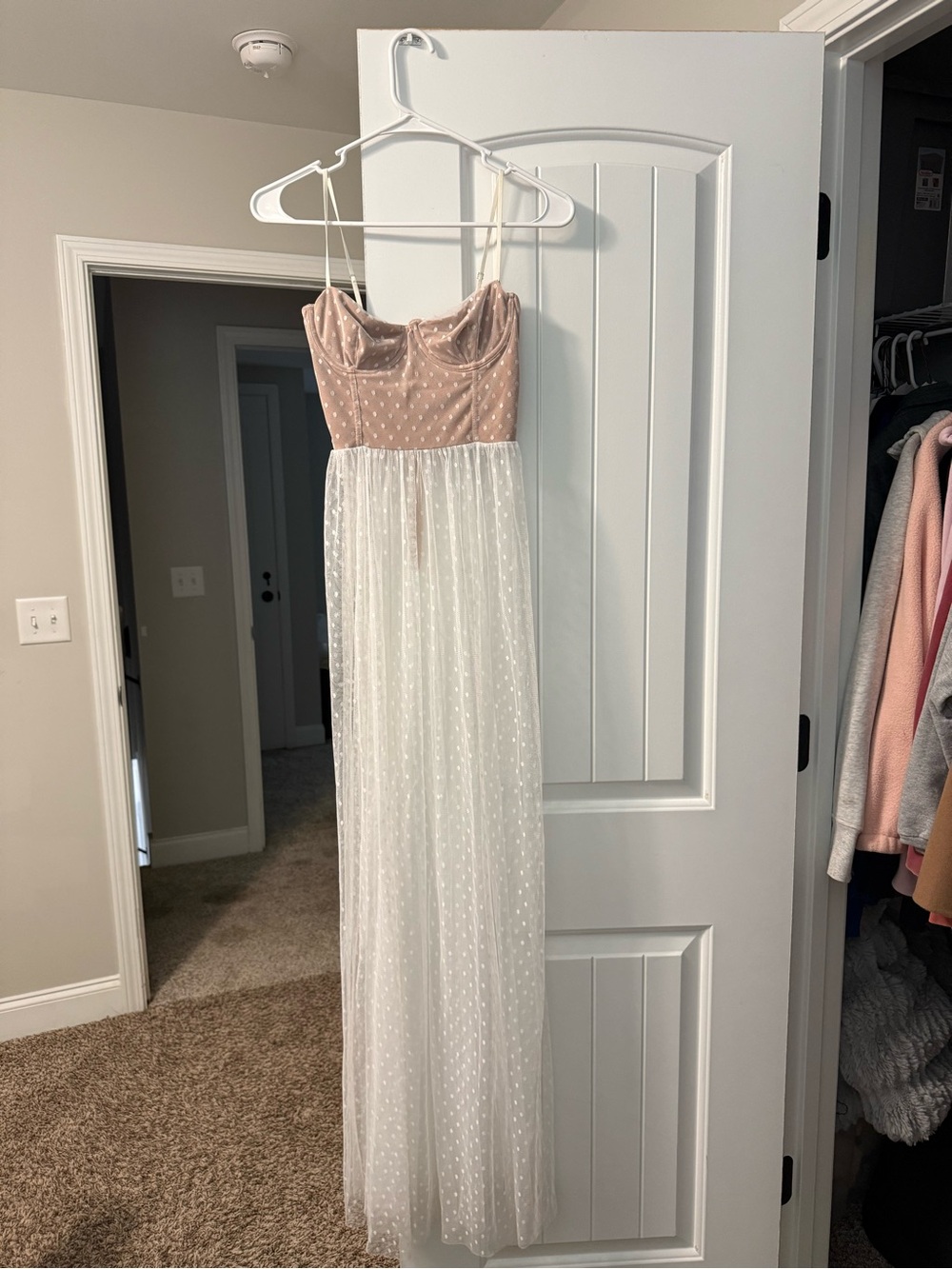 Blush Pink/Tan Bustier Maxi Dress with White Sheer Polka Dot Skirt